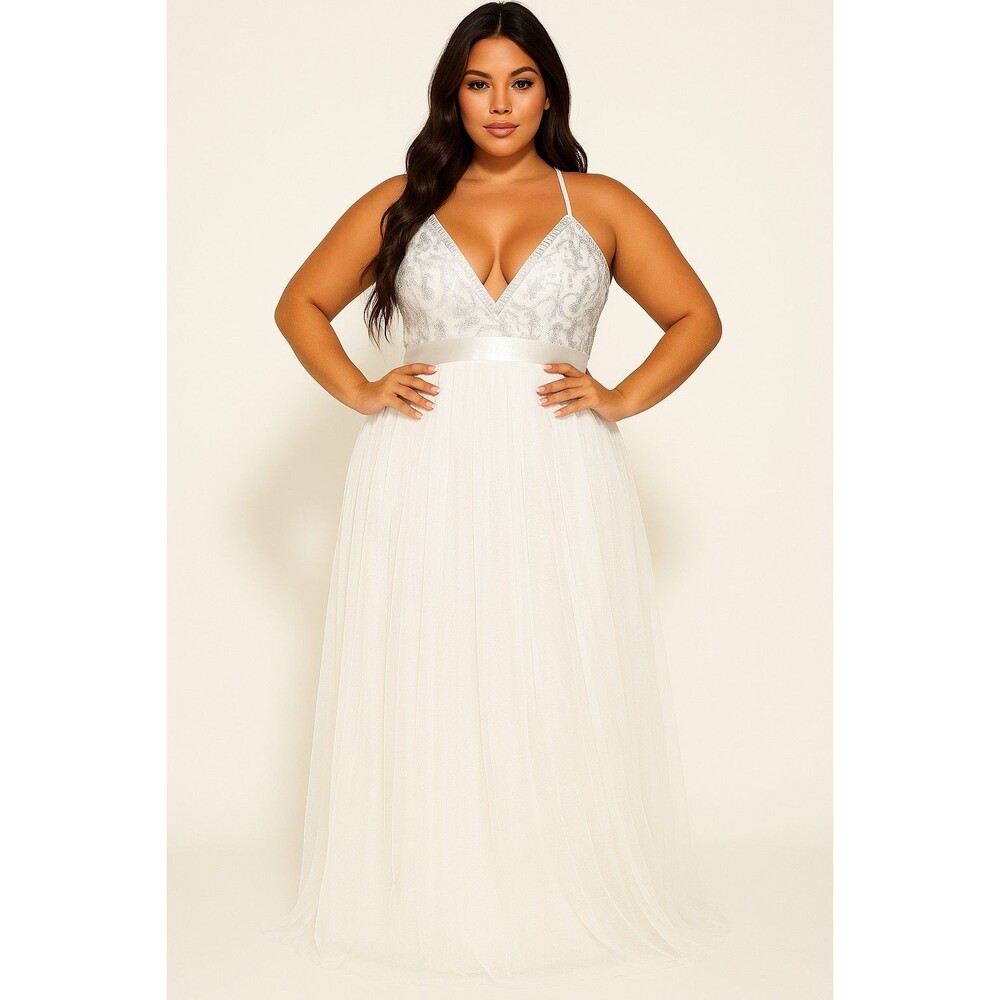 Haute Monde Tulle Maxi Dress White Silver Sequin  Formal Gown L /NWOT